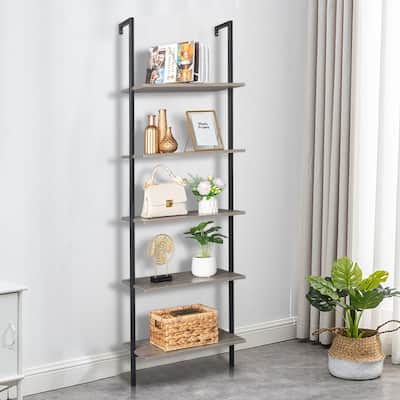 5-Tier Wood Ladder Bookcase with Metal Frame