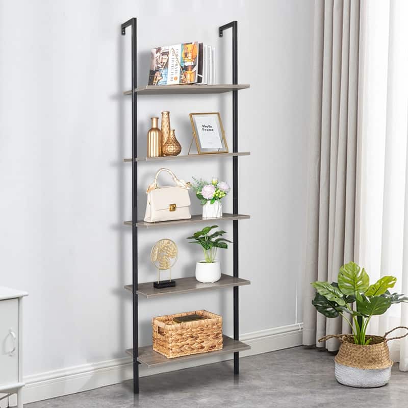 5-Tier Wood Ladder Bookcase with Metal Frame