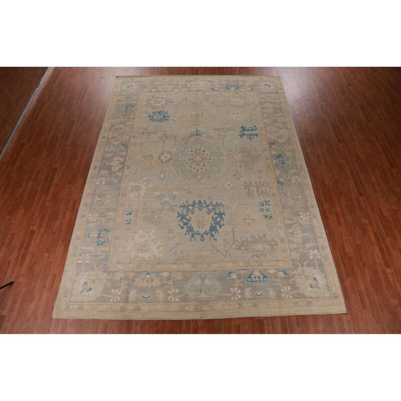Hand Knotted Oriental 100% Wool Carpet Transitional All-Over Beige & Ivories Oushak Area Rug - 13' 11'' X 10' 1''