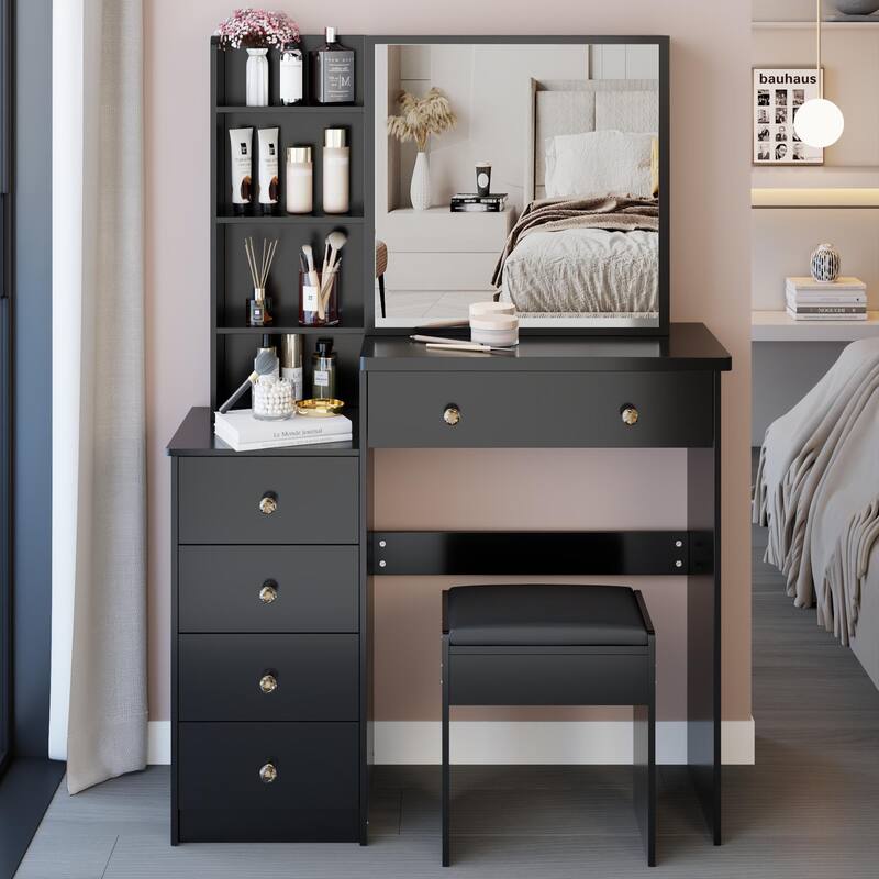 37" Middle Size Left Drawer Desktop Vanity Table + Cushioned Stool,Large Right sliding mirror, Multi Layer High Capacity Storage