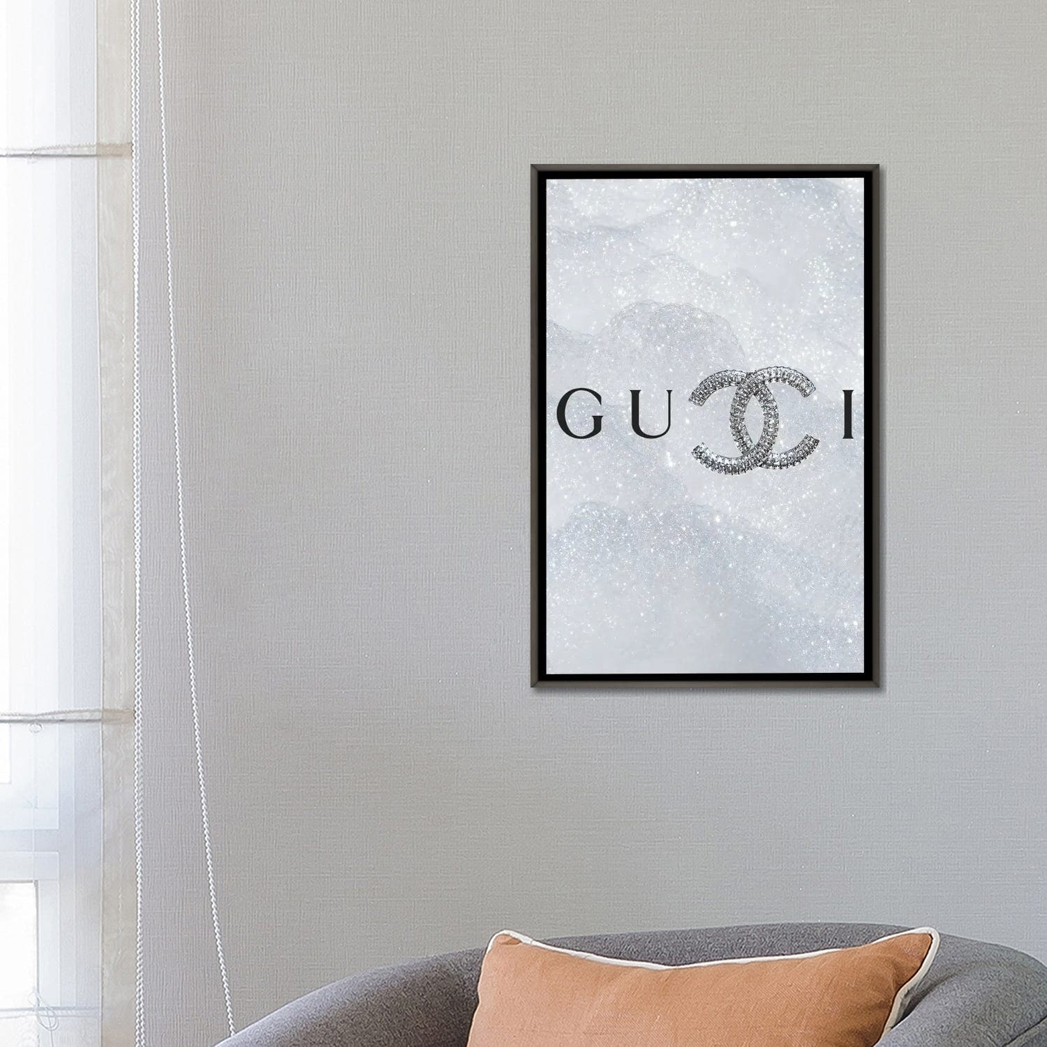 Framed Canvas Art (White Floating Frame) - LV Flower Logo Black by TJ ( Fashion > Fashion Brands > Louis Vuitton art) - 26x18 in