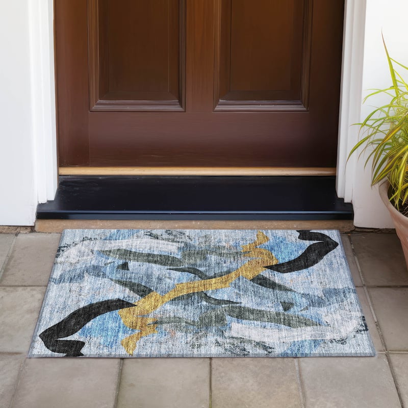 Machine Washable Indoor/Outdoor Contemporary Brushstrokes Chantille Rug - Denim - 1'8" x 2'6"