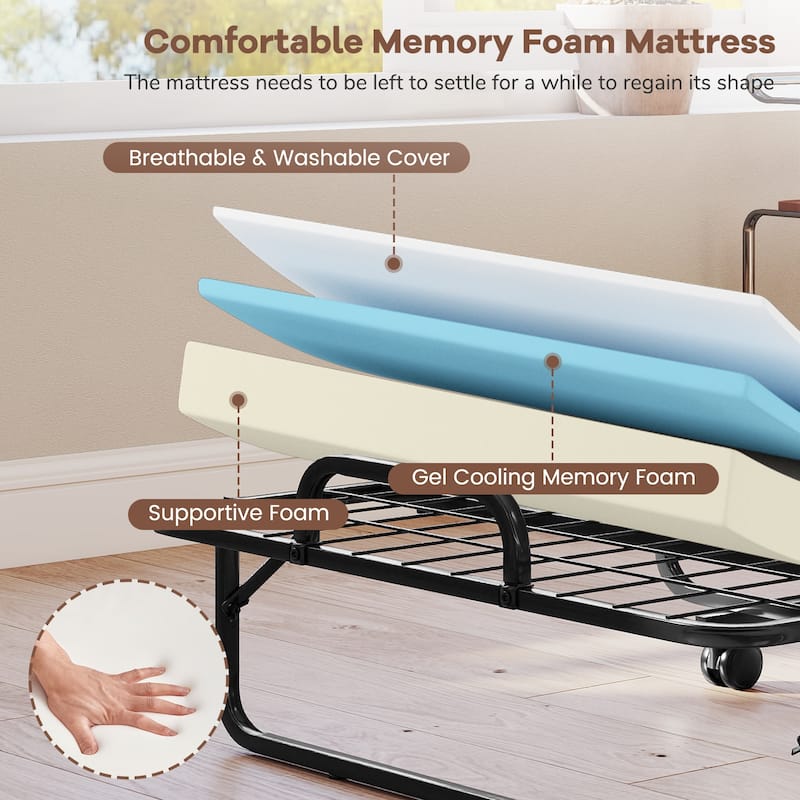 Twin Size Folding Metal Frame Rollaway Bed with Mattress and Pillow on Wheels for Bedroom