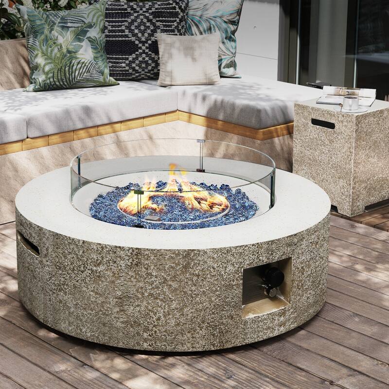 Patio Watcher 42in. Outdoor Round Magnesium Oxide Fire Pit Table with Gas Tank Cover and Wind Guard