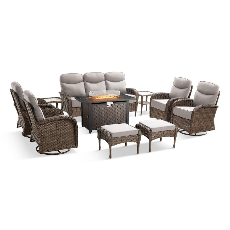 Pocassy Outdoor Sofa Swivel Chair and Ottman with 43in Fire Pit Table