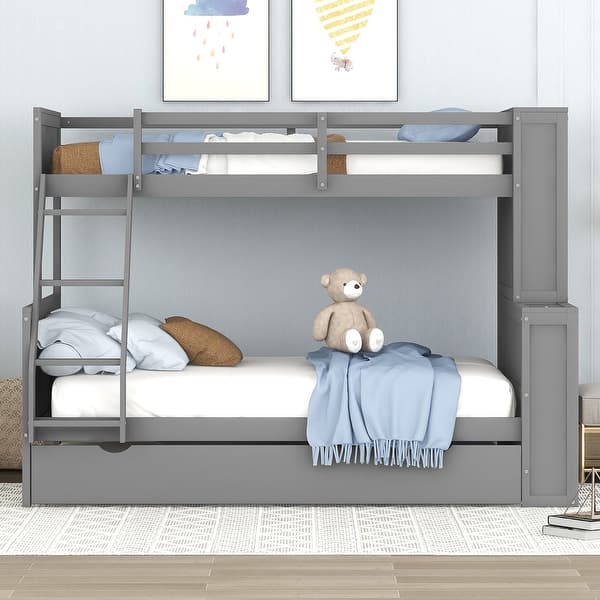 Twin Over Full Bunk Bed with Trundle and Shelves, Can be Separated into