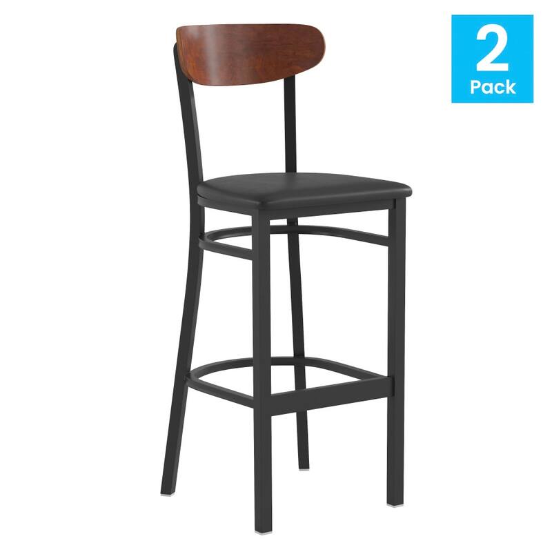 Commercial Metal Barstool with Wood Seat and Boomerang Back