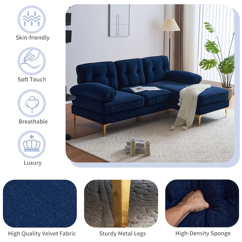82.6" Blue Modern L Shaped Velvet Sofa for Living & Bedroom