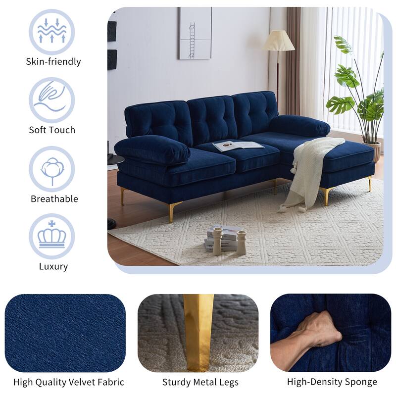 L Shaped Sectional Sofa with Chaise, Velvet Fabric Cloud Couch, Corner 3 Seater Sectional Sofa with Backrest & Armrests - Blue