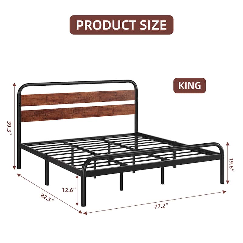 Platform Bed Frame with Wood Headboard, Heavy Duty Metal Slat Support, Noise Free Design