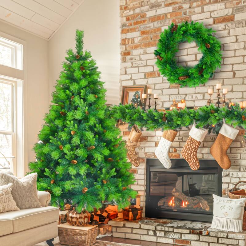 6FT Pre-Lit Christmas Tree with Garland & Wreath Set, LED Multi-Color & Warm Lights, Green and White Tips