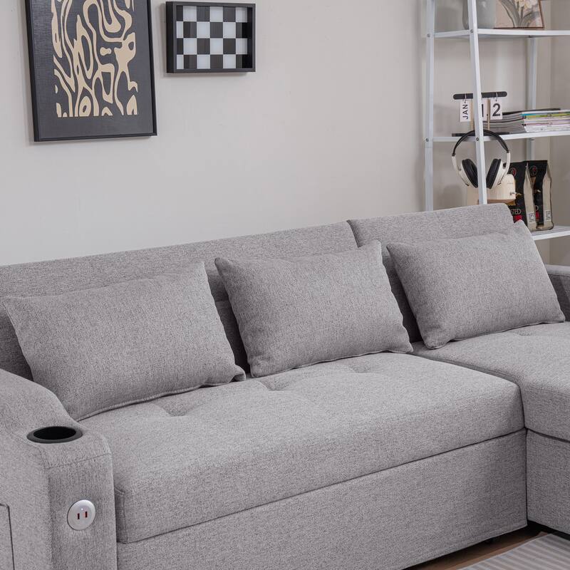 84"Adjustable Backrest Sofa Bed,3 in 1 Linen Sleeper with USB Ports & Cup Holders,Pull Out Couch Bed with Storage Chaise