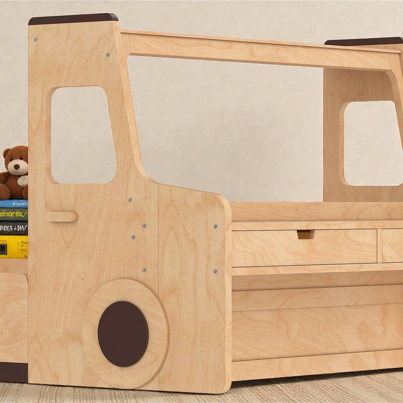 Kids Car Floor Bed with Storage Drawers and Desk, Car-Shaped Wood Floor Bed with Window, Twin Full Sizes