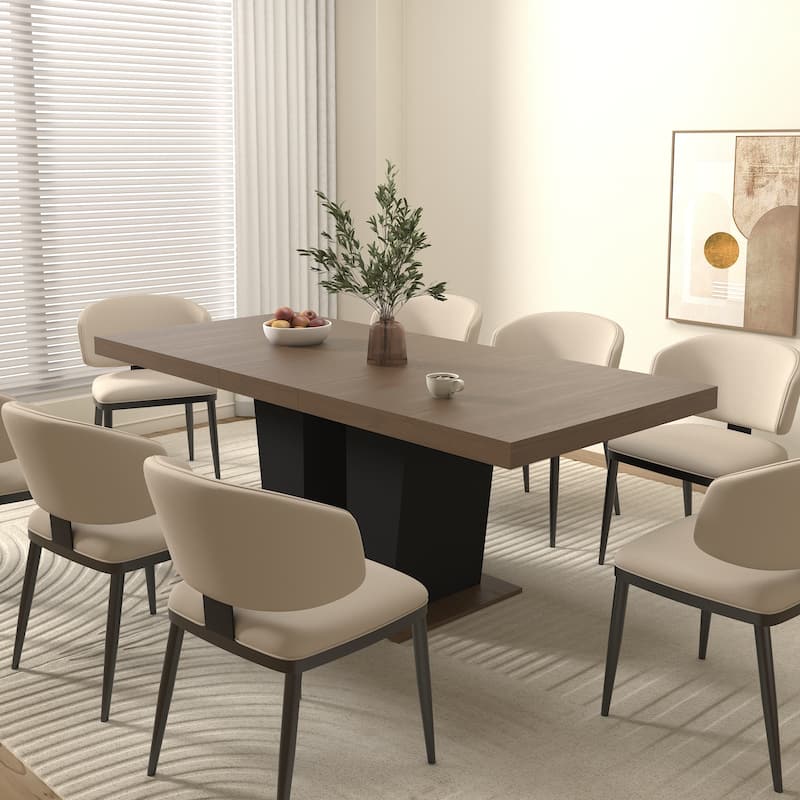 Wood Extendable Dining Table for 6-10 Person, Large Rectangle Expanding Dining Table with Black Double Pedestal Base