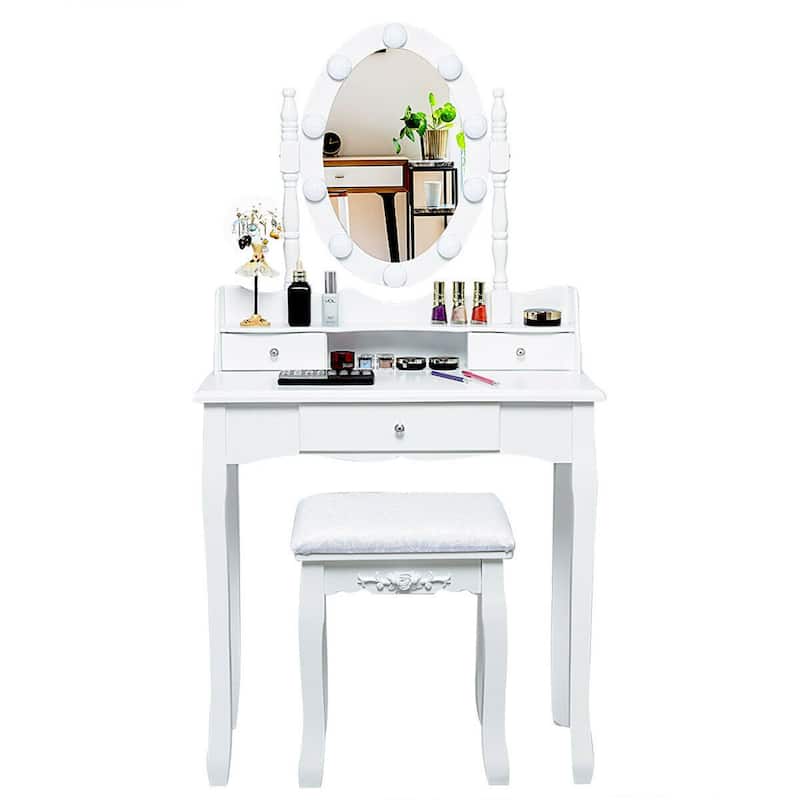 Oval Mirror Vanity Set with 10 LED Dimmable Bulbs and 3 Drawers - 29.5" x 16" x 56.5" (L x W x H)