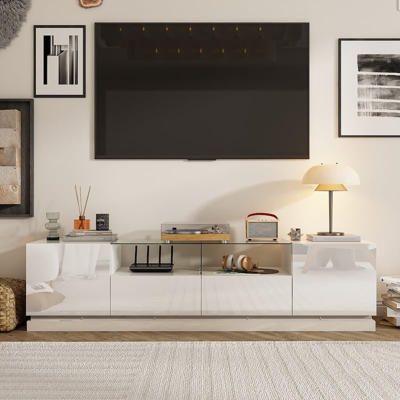 White LED TV Stand 70" TV High Gloss TV Entertainment Center Glass Top