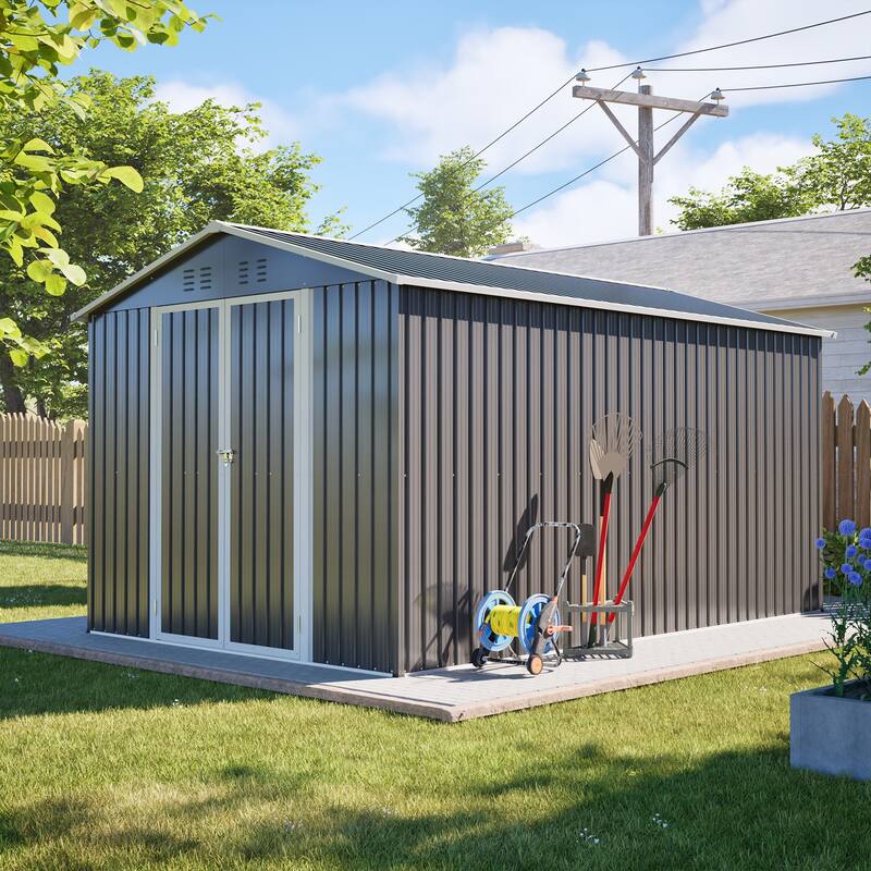 GDFStudio - Large Heavy Duty Metal Tool Storage with Lockable Doors for Easy Access, Storage for Backyard Garden Patio Lawn