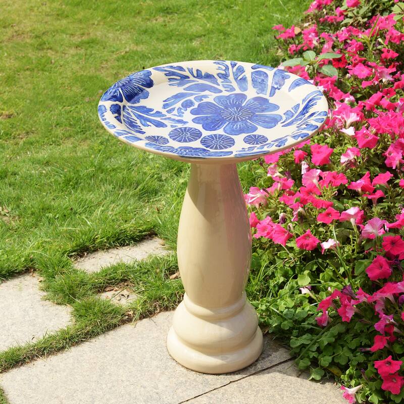 Floral Outdoor Patio Ceramic Birdbath - 21.75" - Cream and Blue