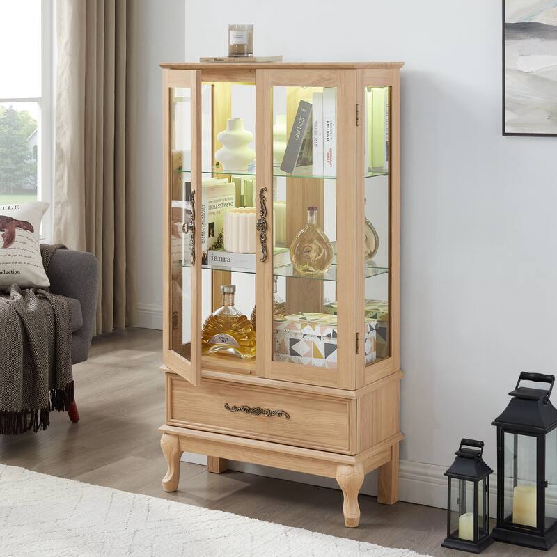 Elegant Glass Display Cabinet with Adjustable Shelves, 2 Doors, and 1 Drawer - Wine Storage Sideboard with Included Bulb
