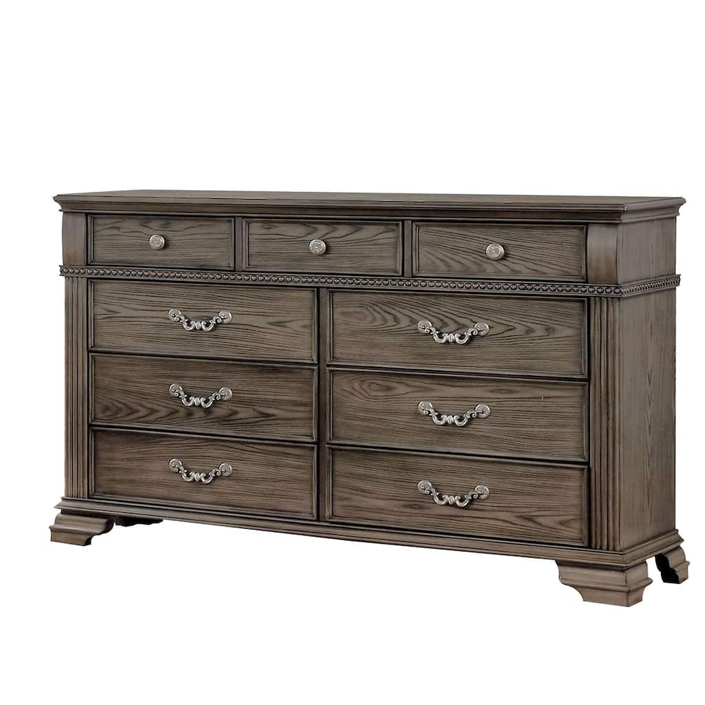 Akia 62 Inch 9 Drawer Wide Dresser Chest, Round Metal Knobs, Smooth Gray