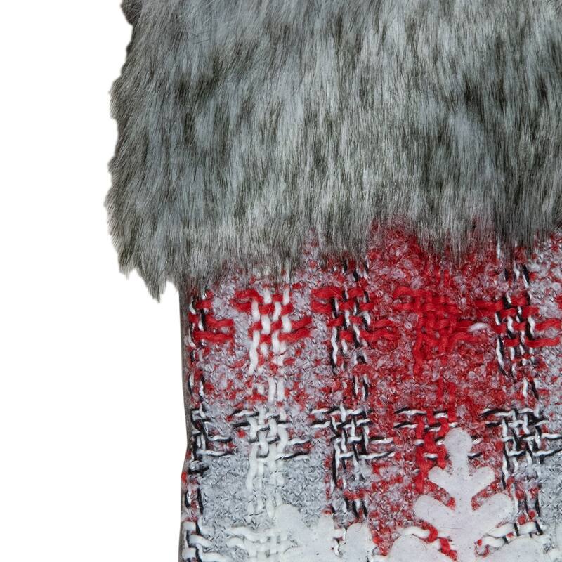 18-Inch Red and White Plaid Faux Fur Christmas Stocking with Snowflake - 18"