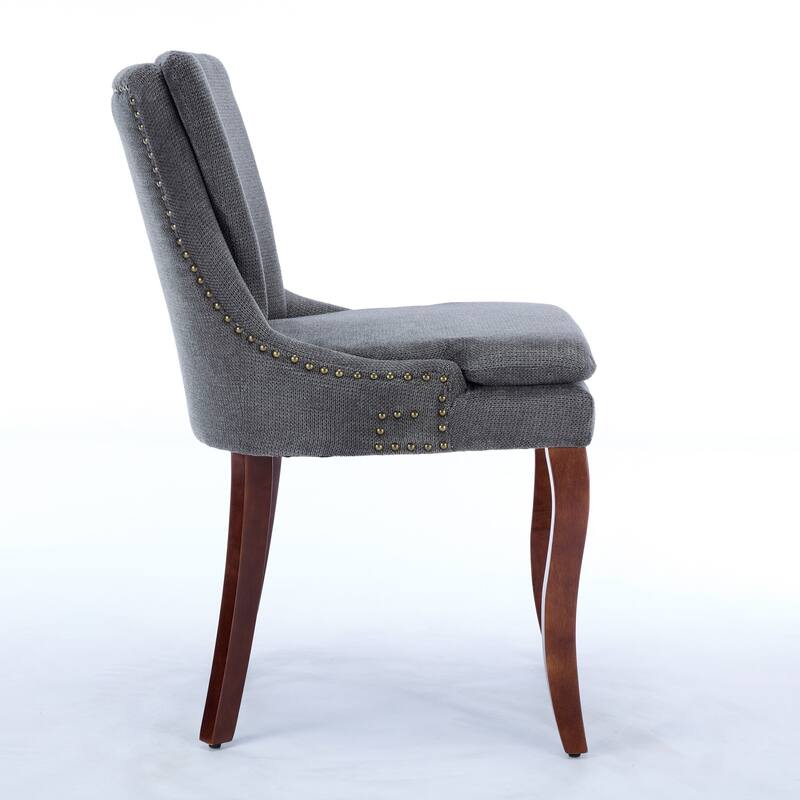 Double-layer Cushioned Dining Chairs Set of 2 Chenille Mid-Back Chair with Nailhead Trim Side Chair with Bent Wood Legs