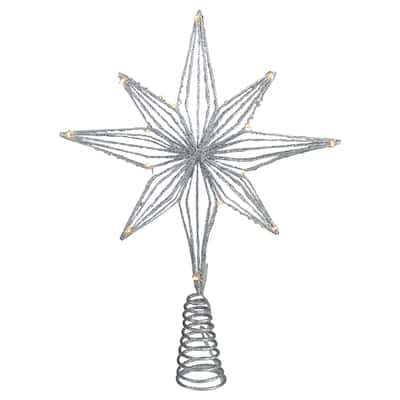 13.75" LED B/O Silver Glitter Star Christmas Tree Topper White Lights