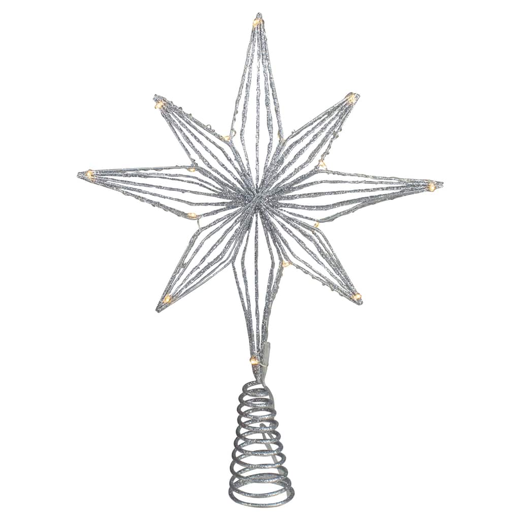 13.75" LED Lighted B/O Silver Glittered Geometric Star Christmas Tree Topper - Warm White Lights - 13.75