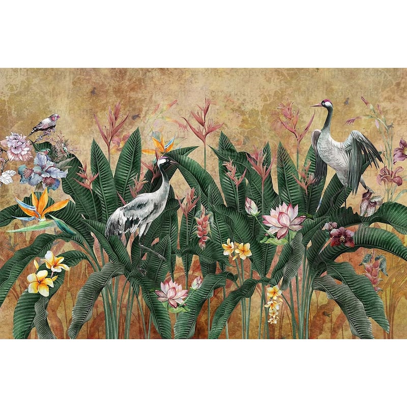 Tropical Paradise Wallpaper Mural Exotic Birds and Lush Flowers - Yellow - W:175" x H:118"