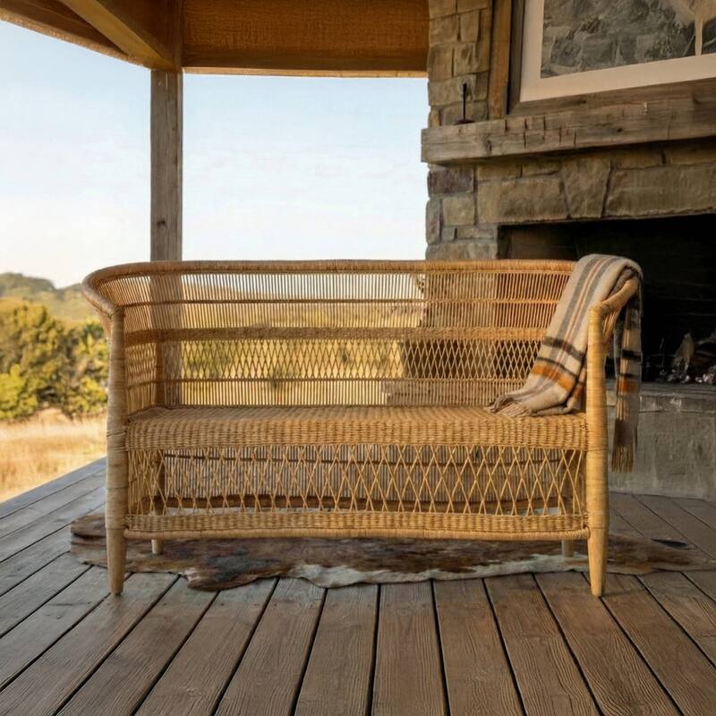 100% Solid Wood Frame Handwoven Natural Rattan Indoor Loveseat, Boho Farmhouse Accent Seating
