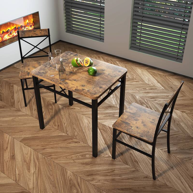 3 Piece Wooden Dining Table Set with Rectangular Dining Table and Dining Chair, Metal Legs for Kitchen Brown