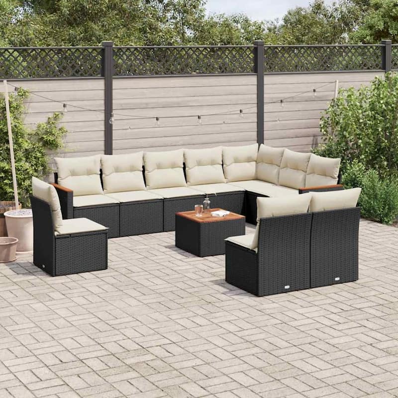 vidaXL Patio Sofa Set with Cushions Outdoor Conversation Furniture Poly Rattan - Black and cream with table - 21.7 x 21.7 x 14.6 in