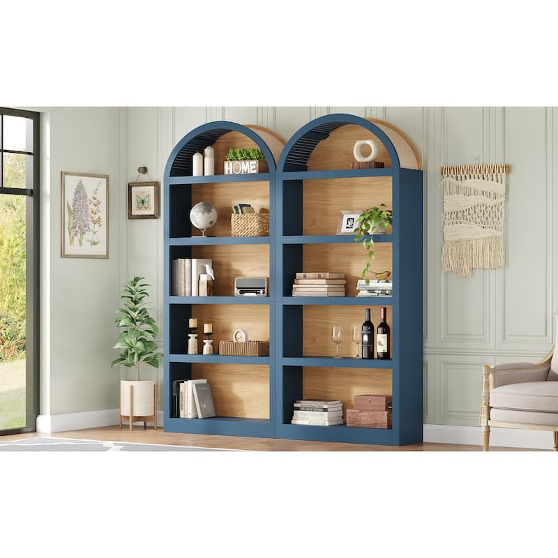 Freestanding Tall Bookshelves Set of 2, Farmhouse Two-Tone Open Storage Cabinet with Fabric Arched Top, 5-Tier Display Bookcase