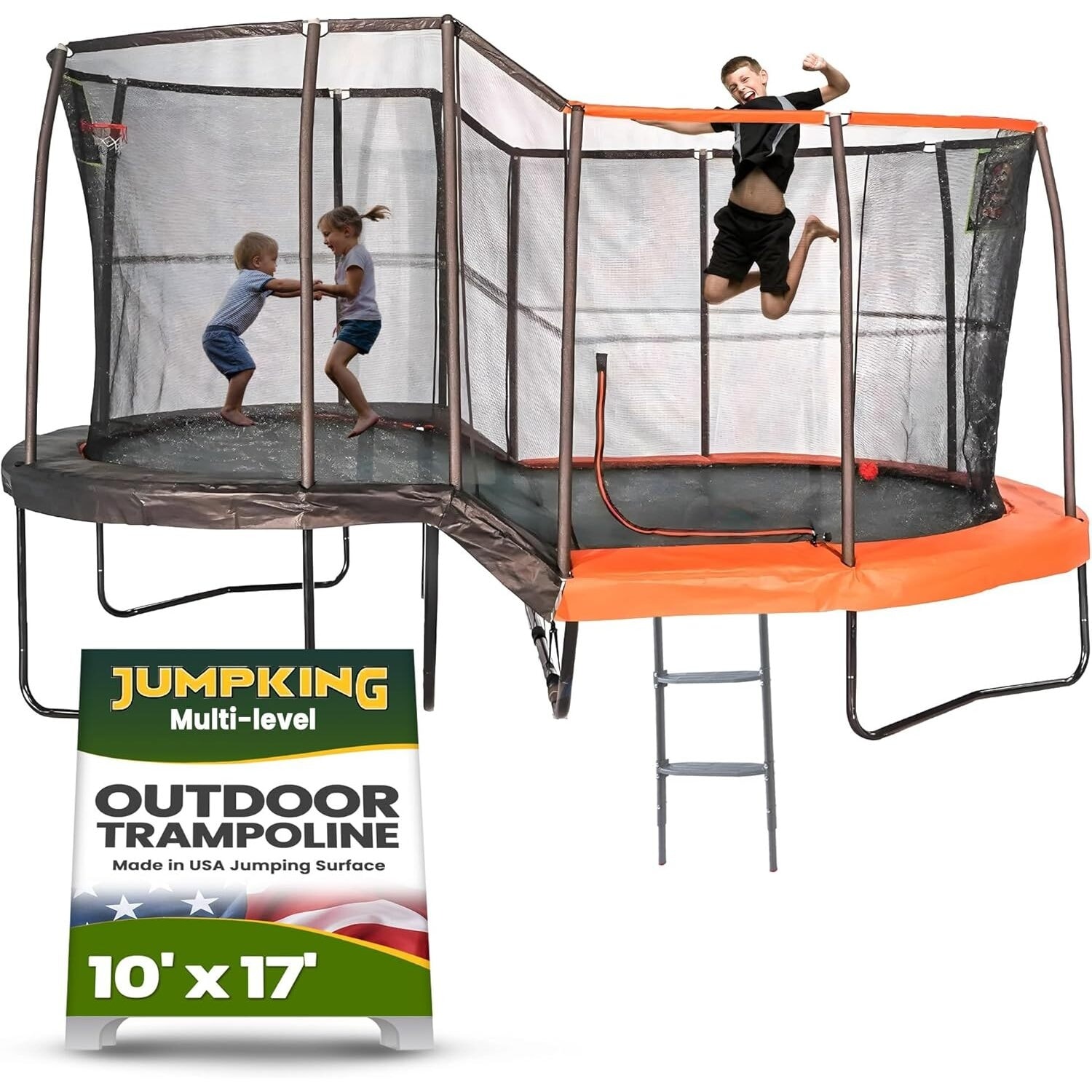 10x17 ft Multi-Level Oval Trampoline Combo - Dual-Height Jump Zones with Enclosure, Target Toss & Hoop - 204