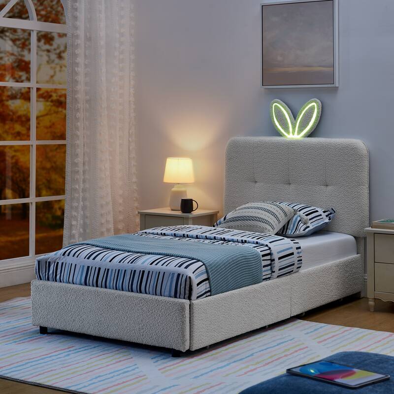 Kids Boucle Upholstered Bed with Rabbit Ear Headboard, LED Music Sync & 4 Drawers