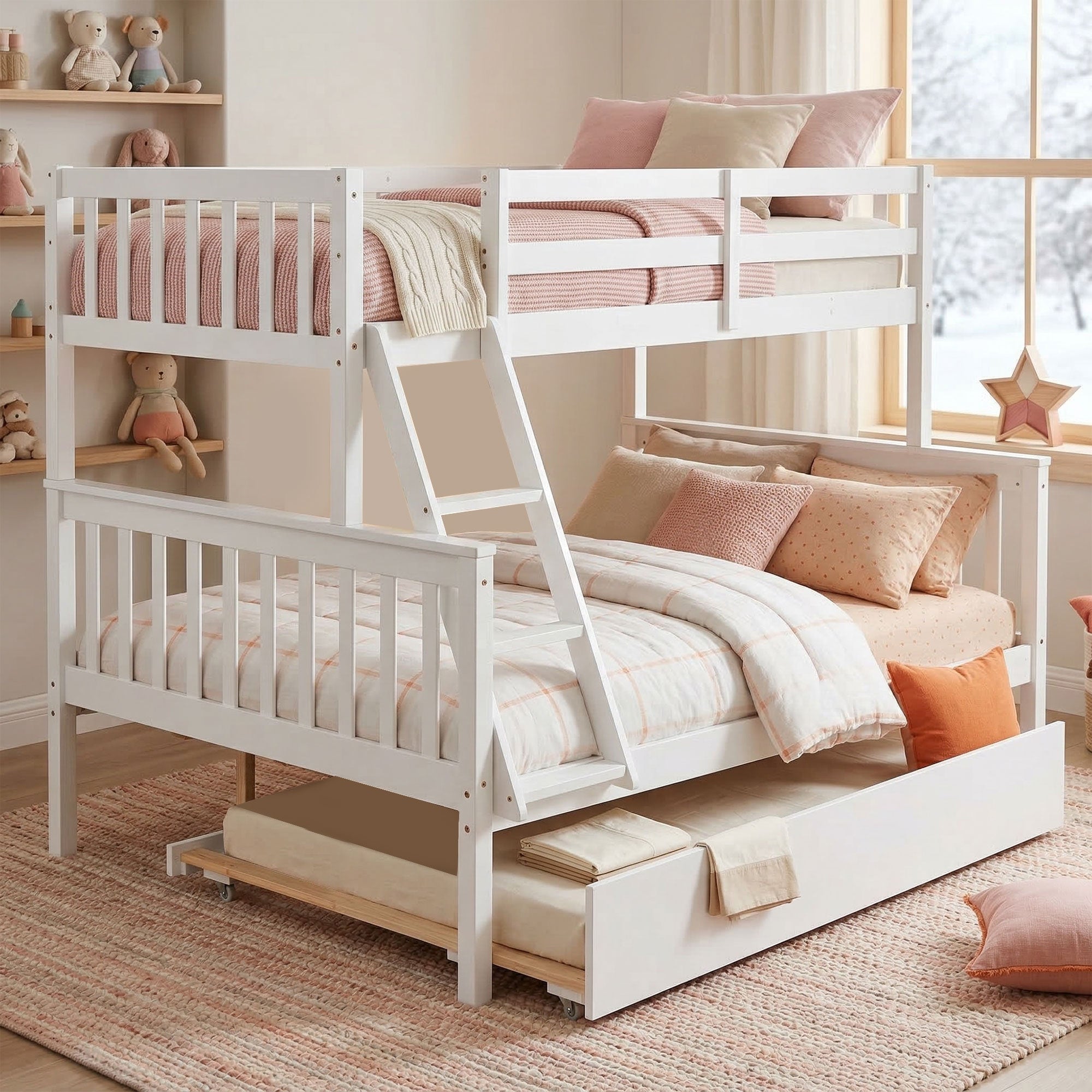 Twin Over Full Rubber Wood Bunk Bed with Trundle & Convertible Ladder – Detachable into Two Beds for Kids and Teens