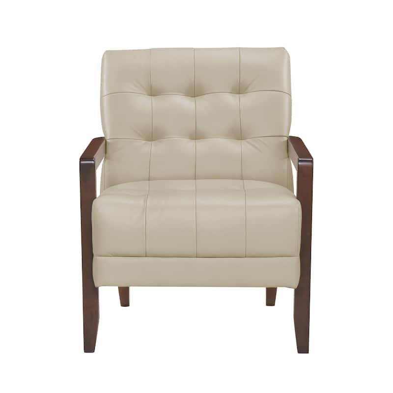 Lenie Accent Armchair, Button Tufted Beige Leather, Walnut Brown Wood