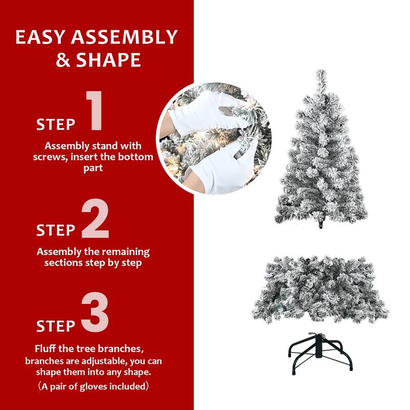 6FT Flocked Christmas Tree with 250 Warm White Incandescent Lights-Snowy Artificial Holiday Tree with 678 Tips and Metal Stand