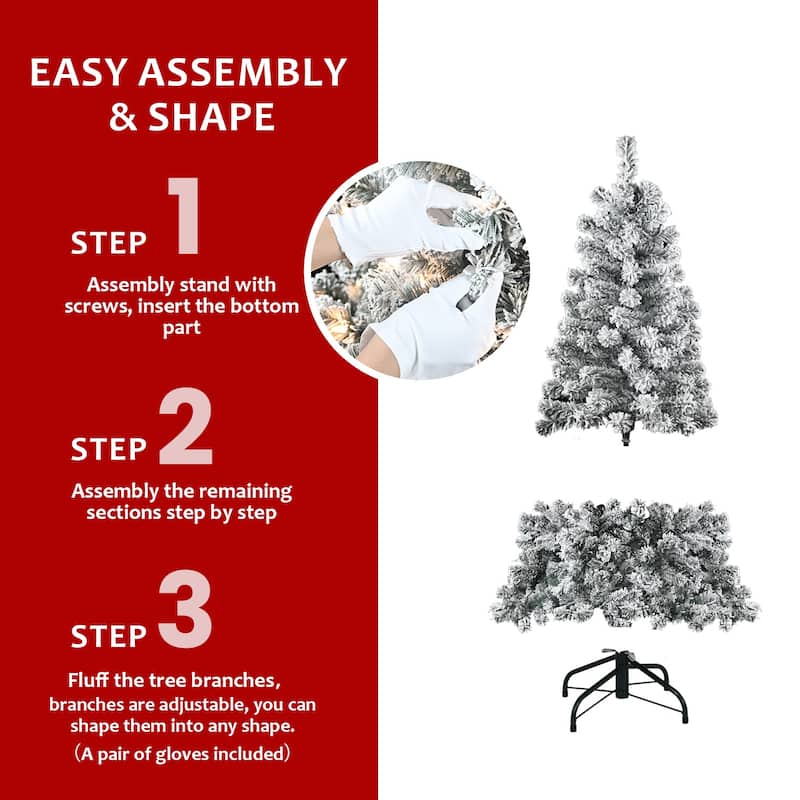 7FT Flocked Christmas Tree with 350 Warm White Incandescent Lights-Snowy Artificial Tree with 1022 Tips and Sturdy Metal Stand