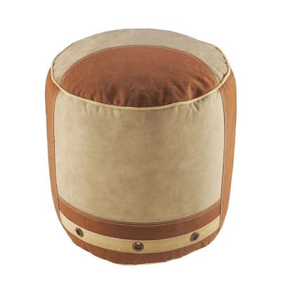 16" Beige and Brown Rustic Industrial Handmade Round Pouf Ottoman