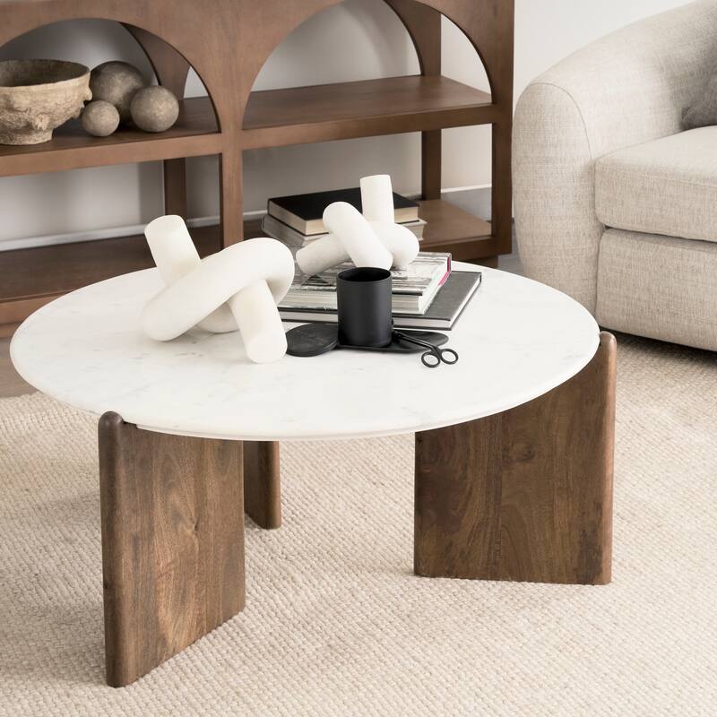 Rumer Dark Brown Wood w/ White Marble Coffee Table - 36.0L x 36.0W x 16.0H