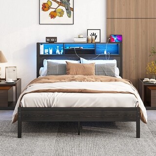 Full Size Platform Bed with Storage Headboard, Charging Station and Bookcase