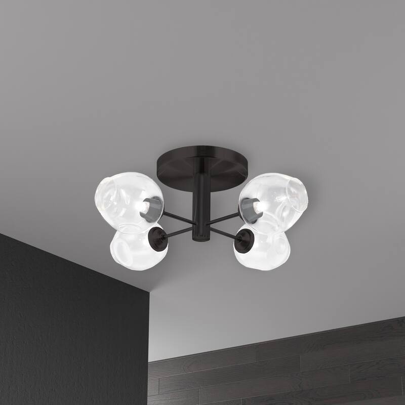 4 Light Semi Flush Mount Ceiling Light - Matte Black Finish, Clear Glass Shade - 20.5