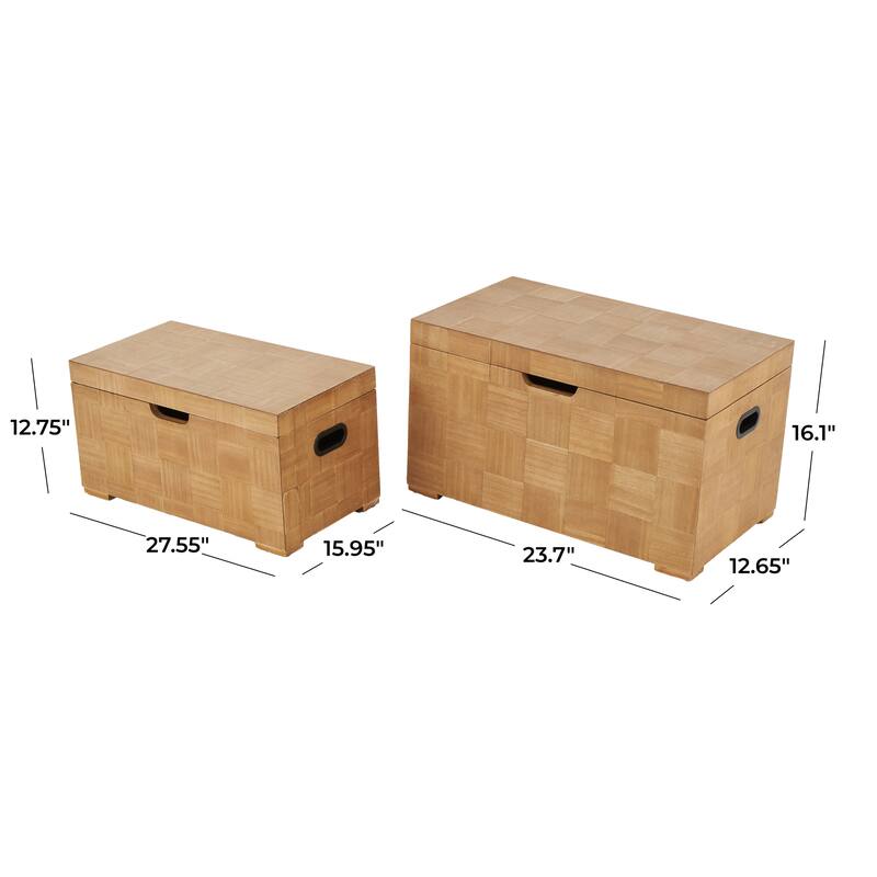 Brown Wood Handmade Decorative Trunk with Black Metal Accents and Square Patterns (Set of 2)