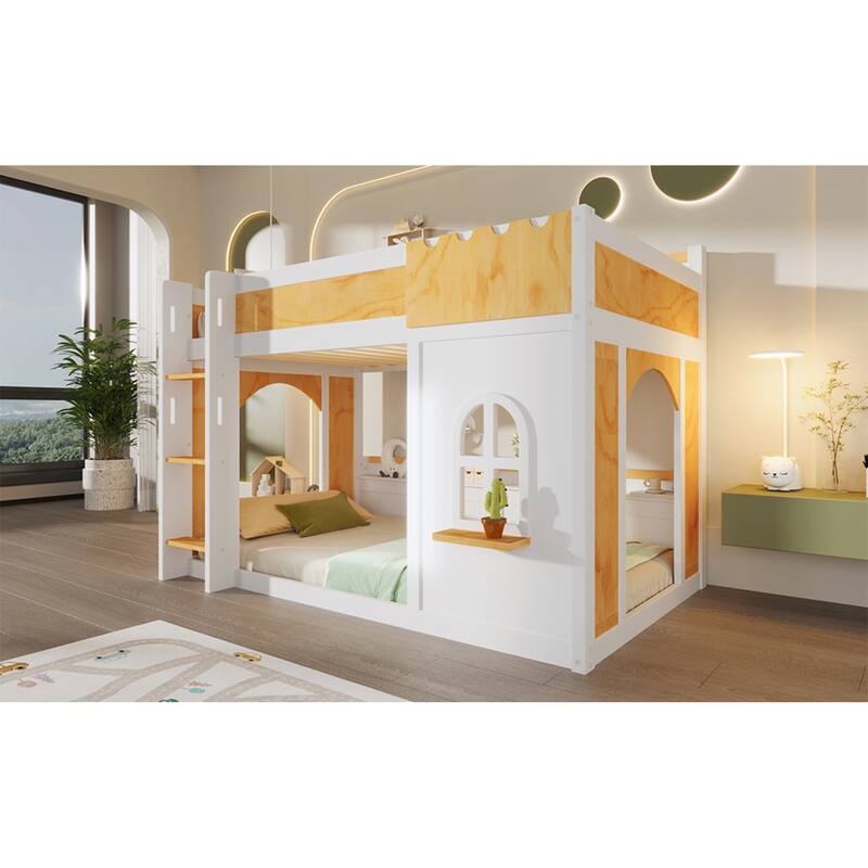 Roomfitters Twin Over Twin/Full Over Full Bunk Bed with Window, Two Doors and Storage Shelves, Natural and White