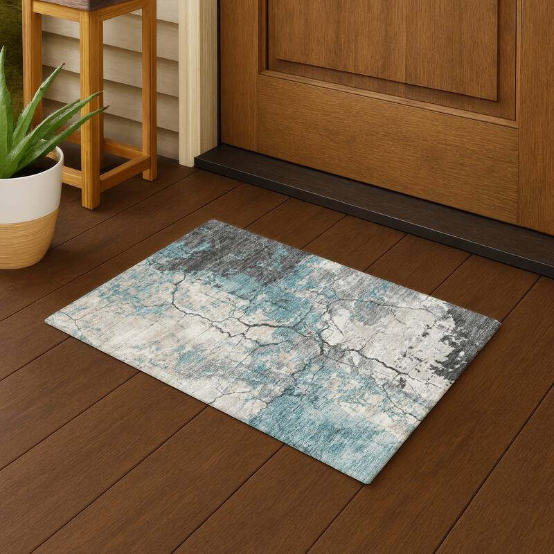 Machine Washable Indoor/ Outdoor Modern Crackle Chantille Rug - Teal - 1'8" x 2'6"
