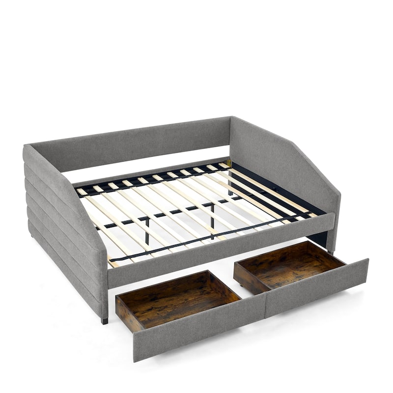 Linen Fabric Upholstered Daybed with Pull-Out Trundle or Storage Drawers, Tufted Sofa Bed Frame with Wood Slat Support