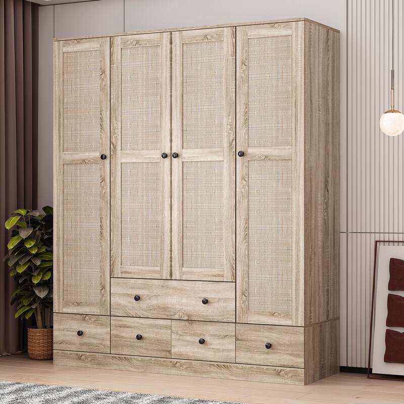 Large Storage Wardrobe Versatile Rattan Door Closet with Deep Drawers