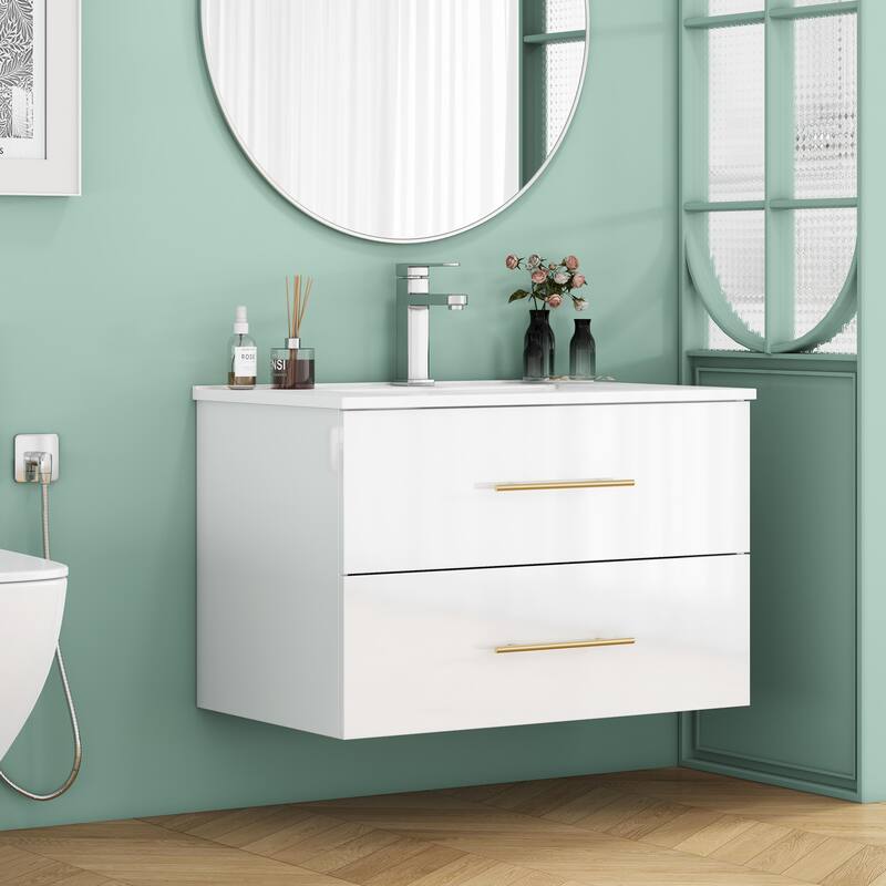 30-Inch Gloss Wall-Mounted Bathroom Vanity with Sink Combo, Double Drawers,Ceramic Sink,Long Metal Handle