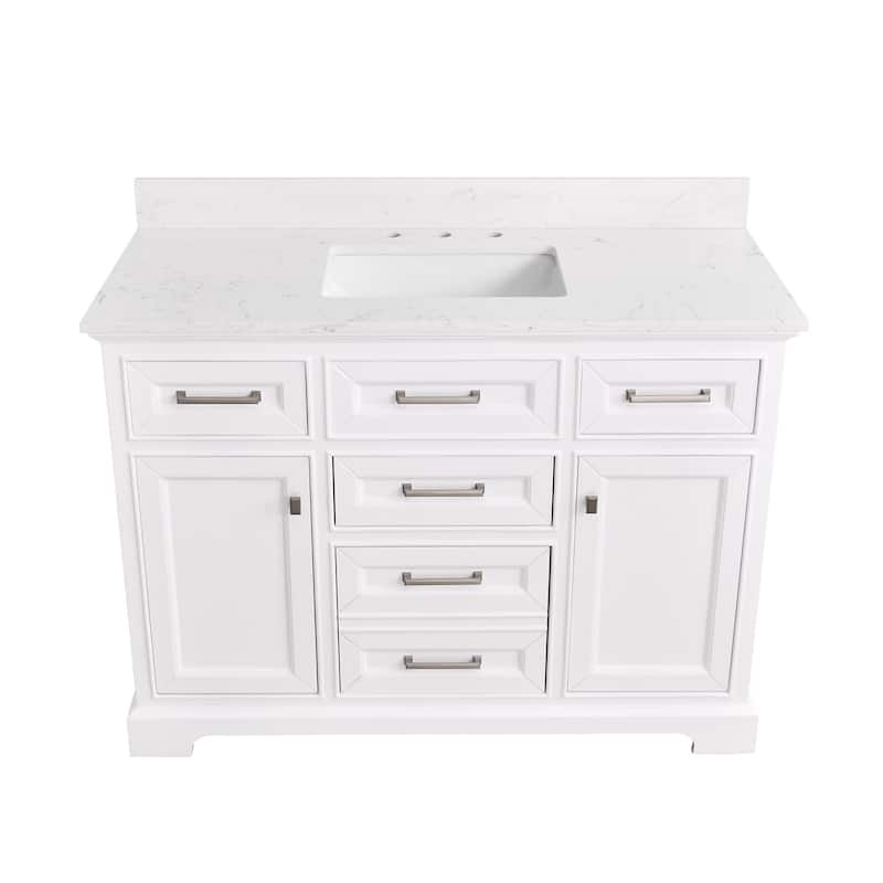 Prismarble Bathroom Vanity 48 in White with Marble Countertop & Backsplash - Cultured Marble Top Vanity